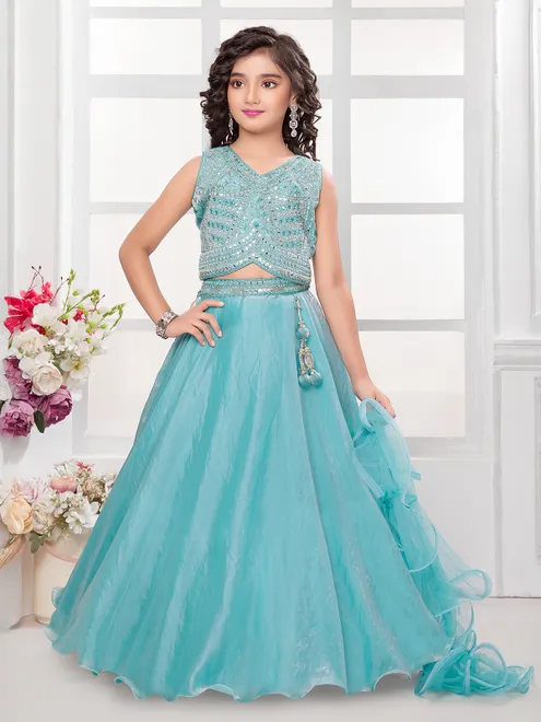 Blue crepe silk girls lehenga choli with embroidery and stones