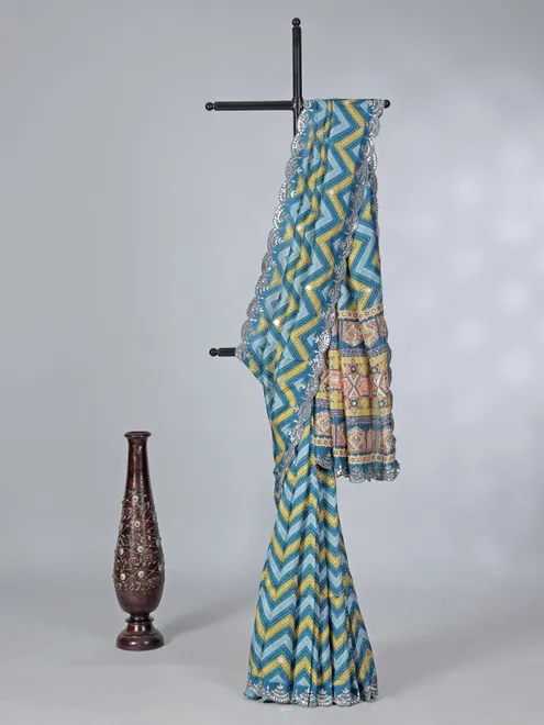 Blue crepe silk printed saree for festive