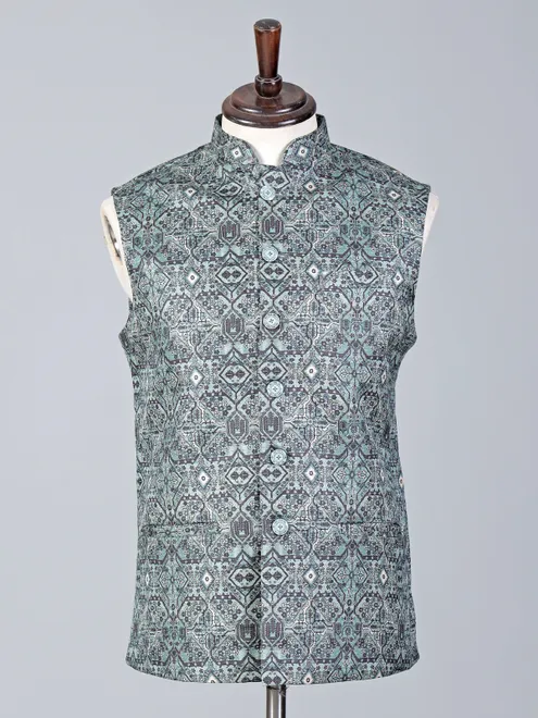 Blue designer button printed cotton silk waistcoat