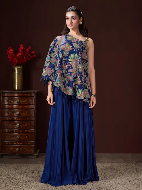 Blue designer satin silk palazzo suit