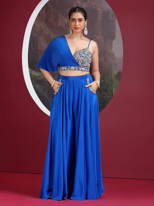 Blue designer satin silk palazzo suit for reception
