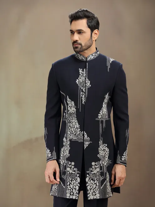 Blue embroidered indowestern set in terry rayon
