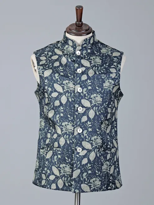 Blue festive printed cotton silk waistcoat