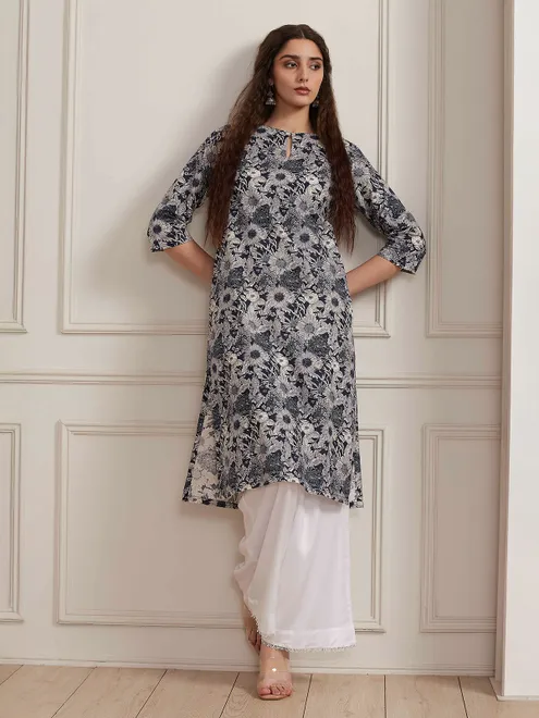 Blue floral printed cotton silk kurti
