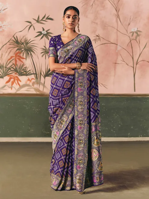 Blue georgette bandhej zari woven festive saree