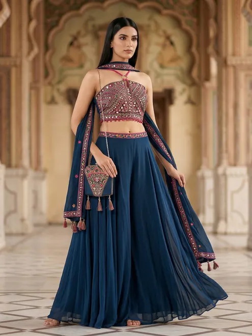 Blue georgette designer mirror work festive palazzo suit