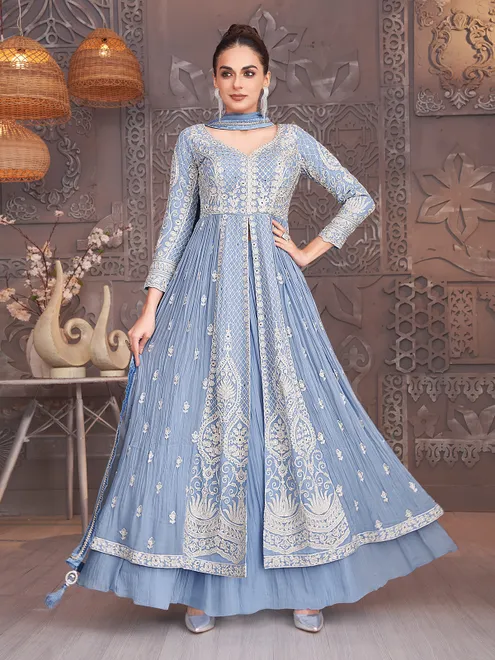 Blue georgette lehenga suit with dupatta for women