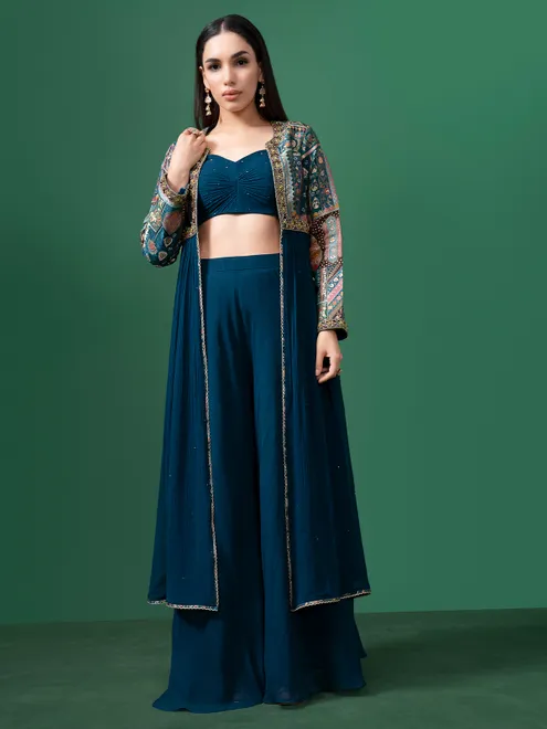 Blue georgette long jacket style palazzo suit