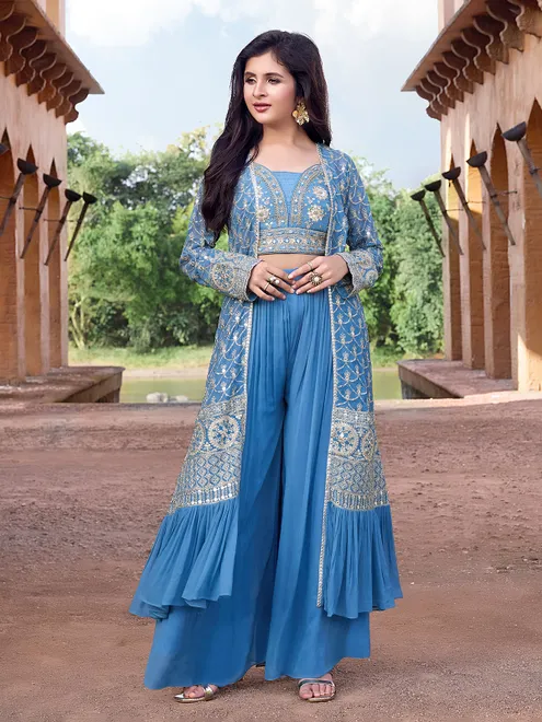 Blue georgette long jacket style zardosi palazzo suit