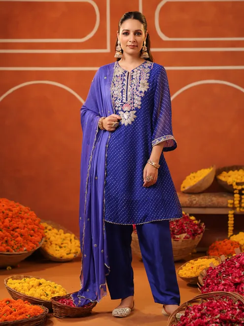 Blue georgette printed kurti set with dupatta