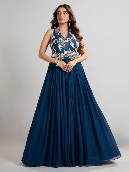 Blue georgette silk embellished floor length suit
