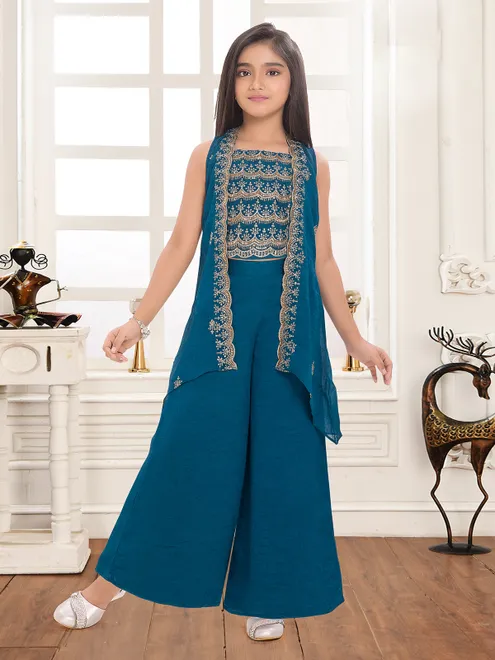 Blue georgette silk jacket style palazzo suit