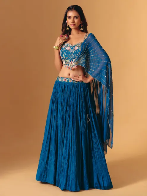 Blue georgette thread work sleeveless designer lehenga choli