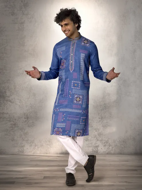 Blue linen cotton resham and sequins kurta suit
