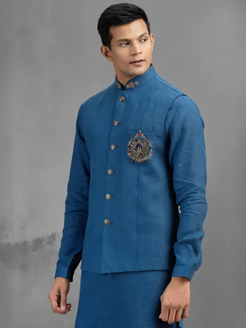 Blue linen ornate embroidered festive waistcoat kurta pant set
