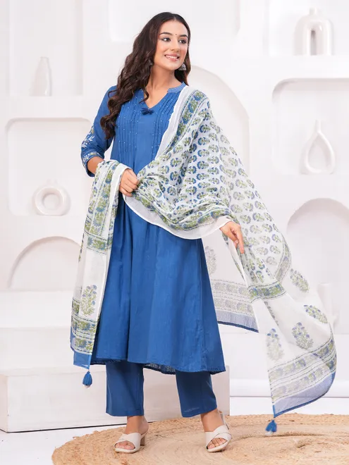 Blue linen salwar suit with beads and dupatta