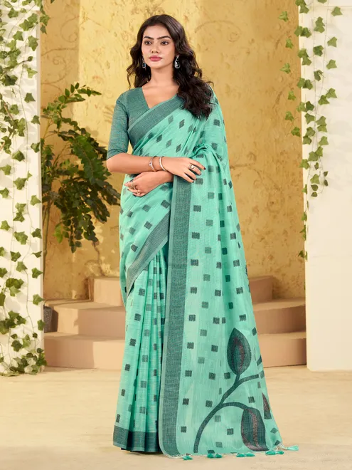 Blue linen silk woven work saree