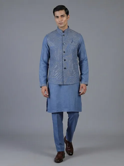 Blue linen waistcoat set with chinese collar