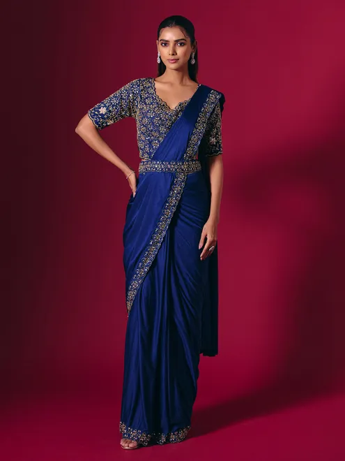 Blue lycra saree enhanced with sequins and cutdana work