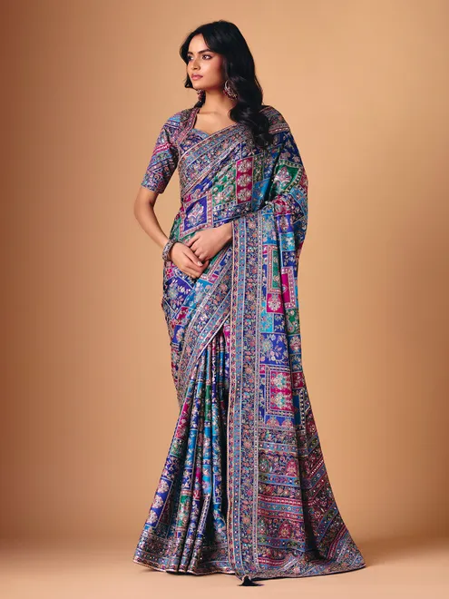 Blue modal silk colorful motif embellished saree