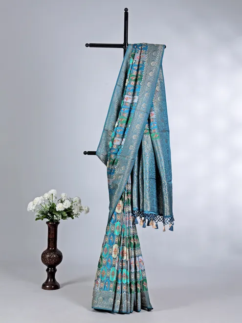 Blue modal silk saree with contrast border