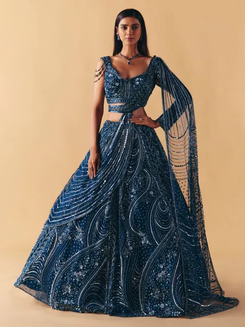 Blue net designer lehenga choli with diamond detailing