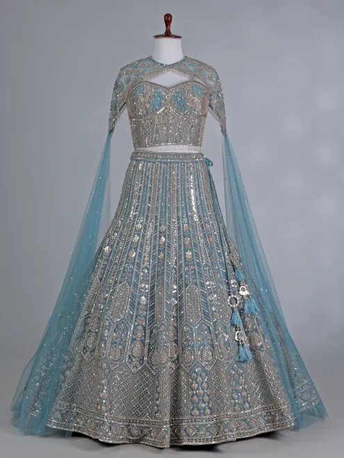 Blue net designer lehenga choli with sequins work