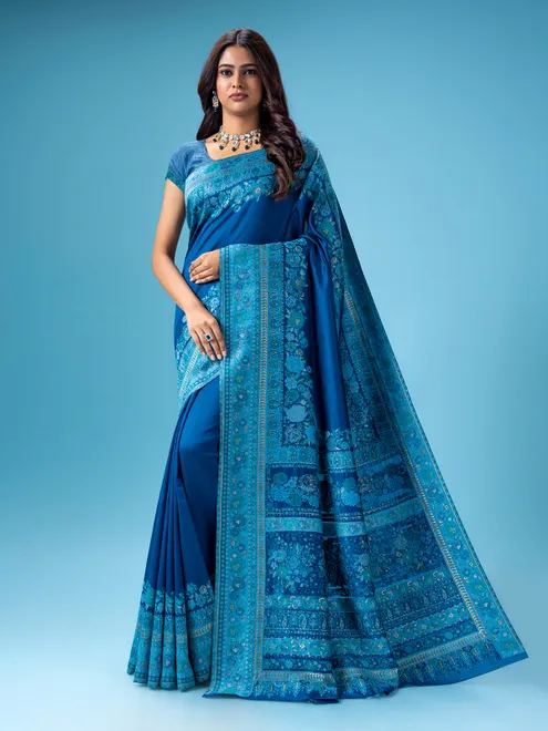 Blue pashmina silk saree with kashmiri weaving