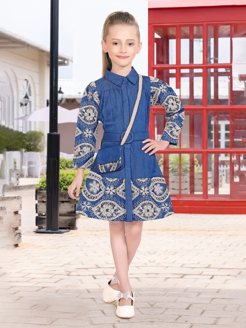 Blue polyester cotton frock with embroidery and waist belt