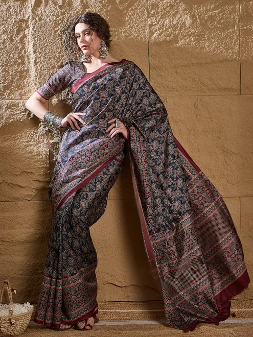 Blue printed bhagalpuri silk saree for festive wear