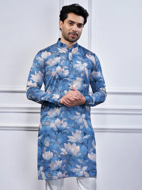 Blue printed cotton festival wear kurta suit