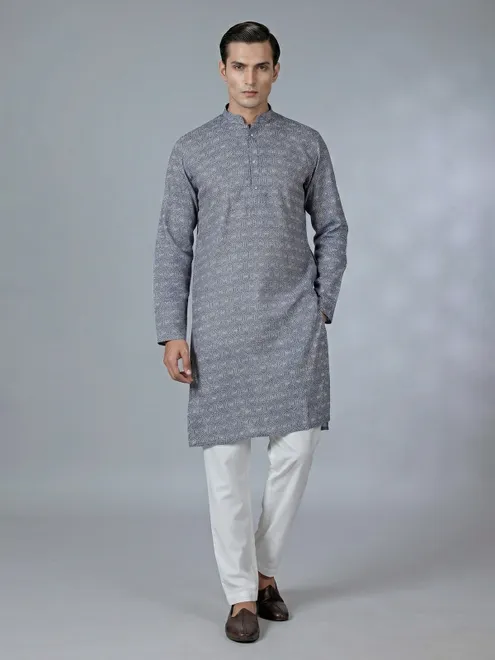 Blue printed cotton kurta suit for festival wear