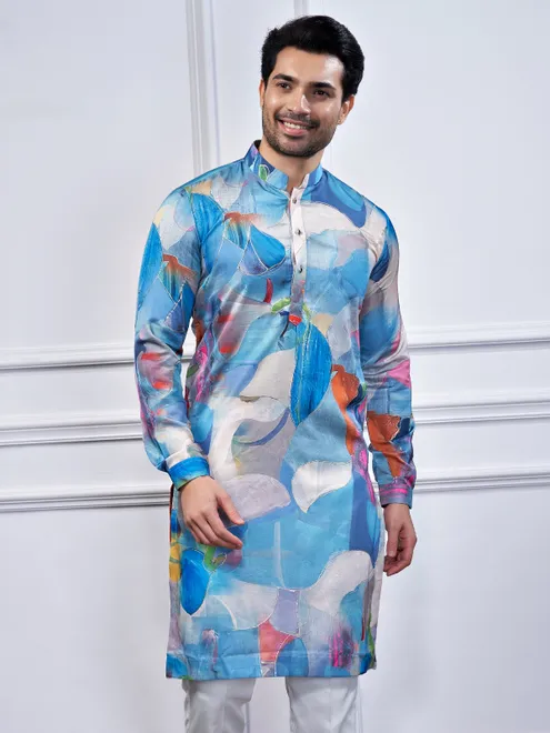 Blue printed cotton kurta suit for traditional look