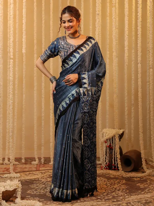 Blue printed cotton silk saree for festival