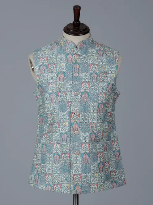 Blue printed cotton silk waistcoat for wedding