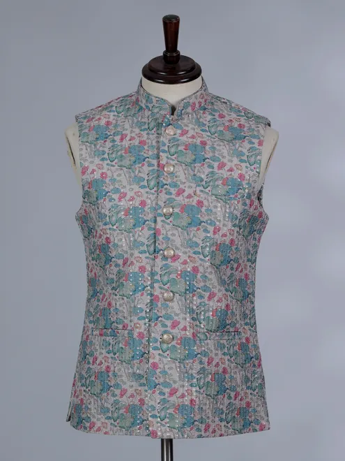Blue printed cotton silk waistcoat with thread and sequins