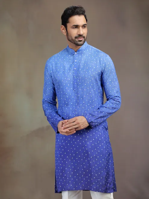Blue printed festive wear kurta suit in soft silk