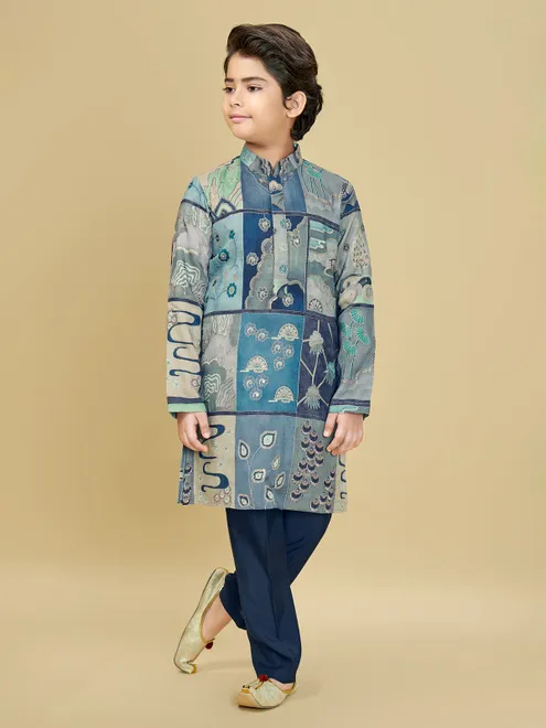 Blue printed festive wear kurta suit with resham shine