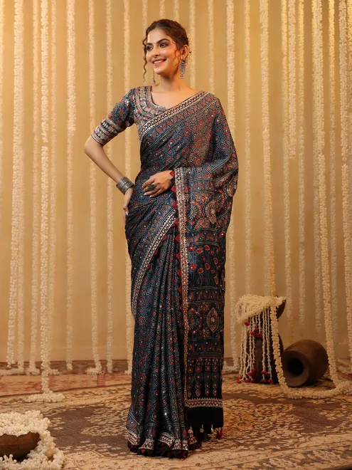 Blue printed festive wear saree in cotton silk