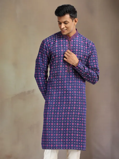 Blue printed festive wear patola silk kurta pajama