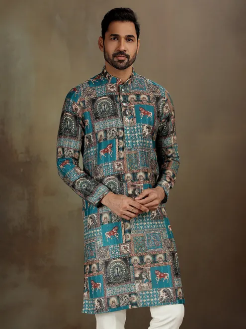 Blue printed kurta set for festive mood
