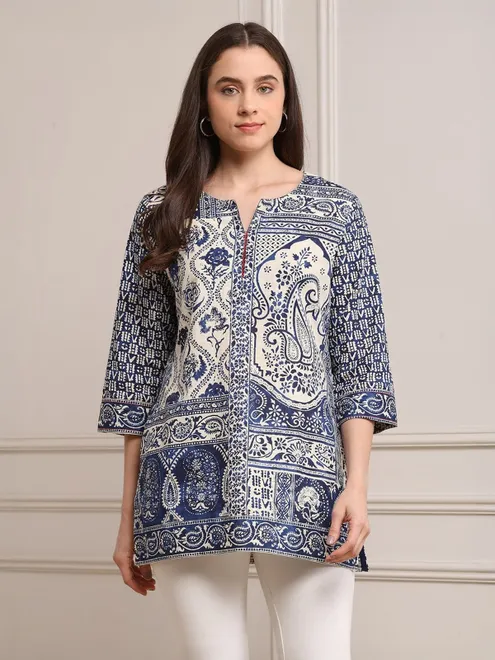 Blue printed short kurti with thread work