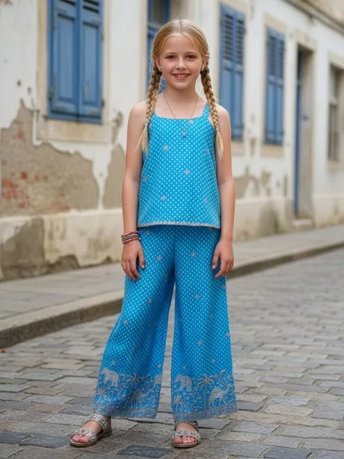 Blue printed silk co ord set for girls