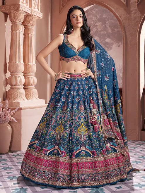 Blue printed silk designer sweetheart neck lehenga choli