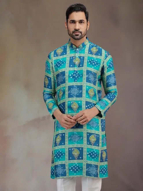 Blue printed silk festive wear kurta pajama