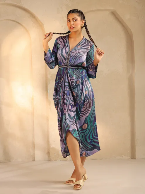 Blue printed silk indowestern kurti