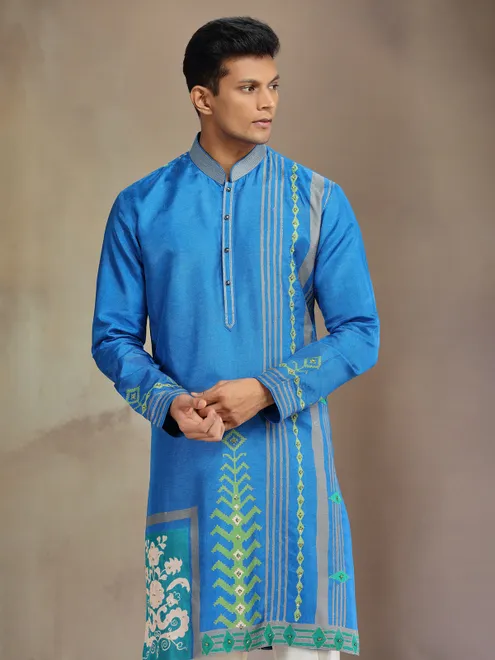 Blue printed silk kurta pajamafor festive wear