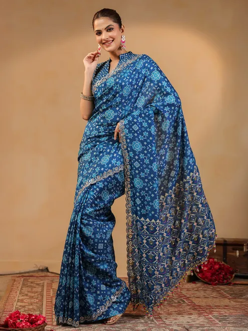 Blue printed silk saree with resham detailing