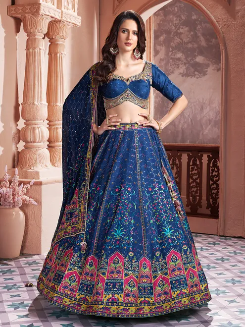 Blue printed silk sweetheart neck lehenga choli
