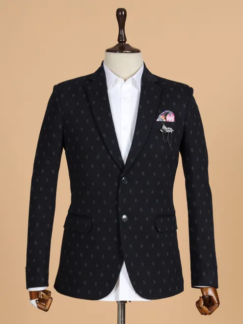 Blue printed terry rayon blazer for men